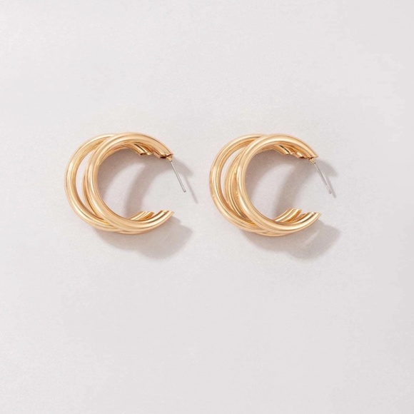 Rouge! Triple Gold Hoop Earrings - Picture 4 of 7